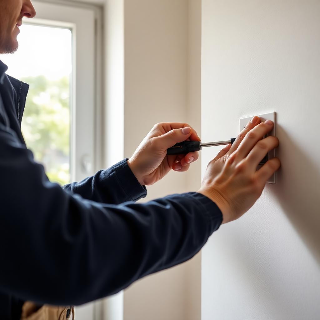 Électricien réparant une prise murale chez un particulier à Dijon